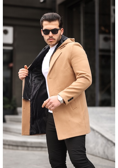 Erkek Vizon Yün Karışımlı Kaşe Kapüşonlu Önü Fermuarlı Kaban Vizon