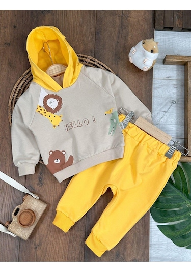 Baby Waka Zürafa&aslan Baskılı Kapüşonlu Erkek Bebek Alt Üst Takım Sari