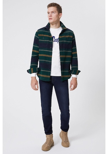 Lee Cooper Cıtymap Erkek Dokuma U.kol Gömlek Yeşil-sarı Çizgili -16025 Yeşil