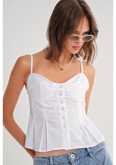 4737 Kadın Düğmeli Kuplu Pileli Bluz Beyaz Beyaz