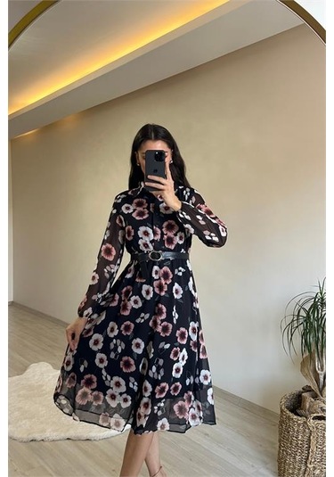 Neşeli Butik Kadın Desenli Gömlek Yaka Midi Elbise Nm011 Mor