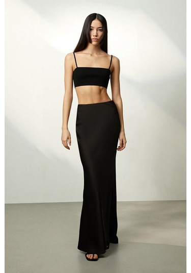 Kahverengi Maxi Basic Etek Siyah