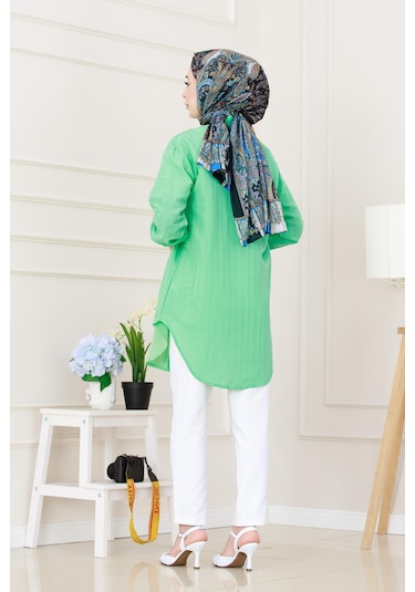 Sevitli Göğüsü Taş Detaylı Oversize Tunik-su Yeşili-5231 Su Yeşili