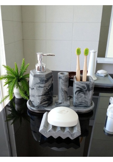 5'li Antrasit Desenli Görünümlü Banyo Seti Tuvalet Wc Sıvı Sabunluk Diş Fırçalığı Beton Antrasit Antrasit