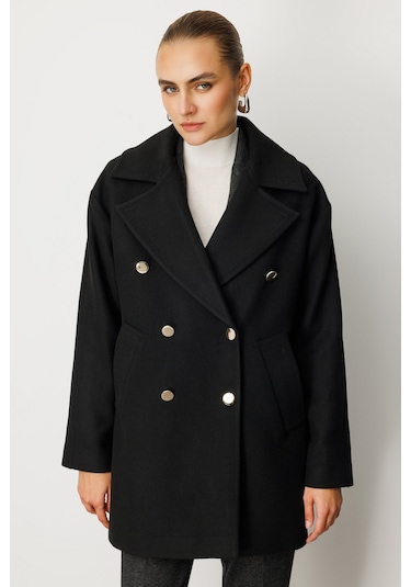 Ekol Kadın Kruvaze Yaka Yan Cepli Kaban 6093 Siyah Siyah