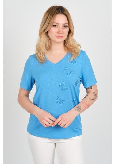 Ella Camelia Kadın Kelebek Şekilli Taş Süslemeli V Yaka Kısa Kollu Bluz 24e047 Mavi Mavi