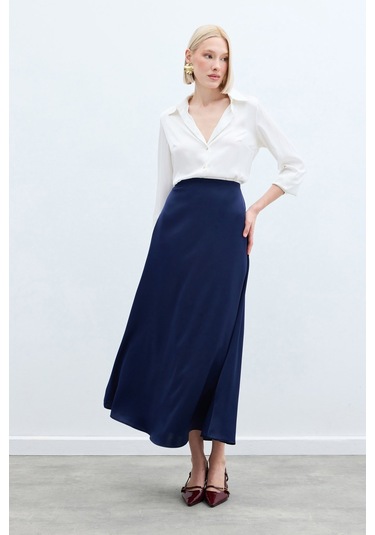 Sateen Uzun Saten Etek - Lacivert