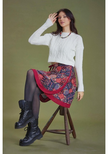 Kırmızı Desenli Anvelop Kısa Etek Kırmızı