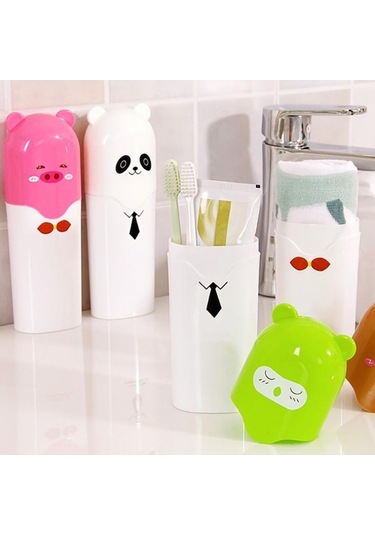 Novahub Kahverengi Taşınabilir Sevimli Karikatür Seyahat Diş Fırçası Diş Macunu Havlu Saklama Kutusu Kapaklı Kahverengi Kahverengi