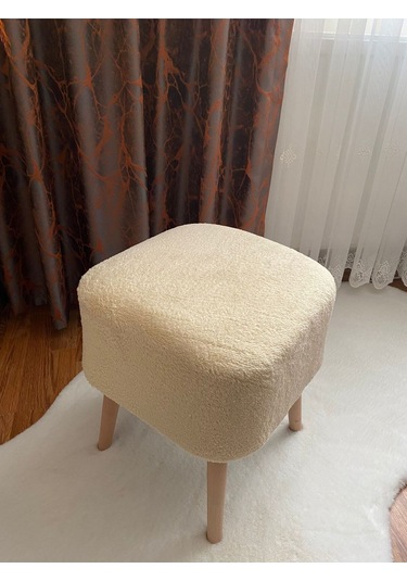 Kare Kesim Ahşap Ayaklı Teddy Kumaş Dekoratif Ekru Renk Puf