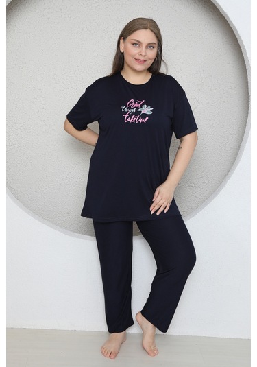 Fames Pijama Büyük Beden Likrali Ring Viskon Kisa Kol Yazlik Pijama Takim Lacivert