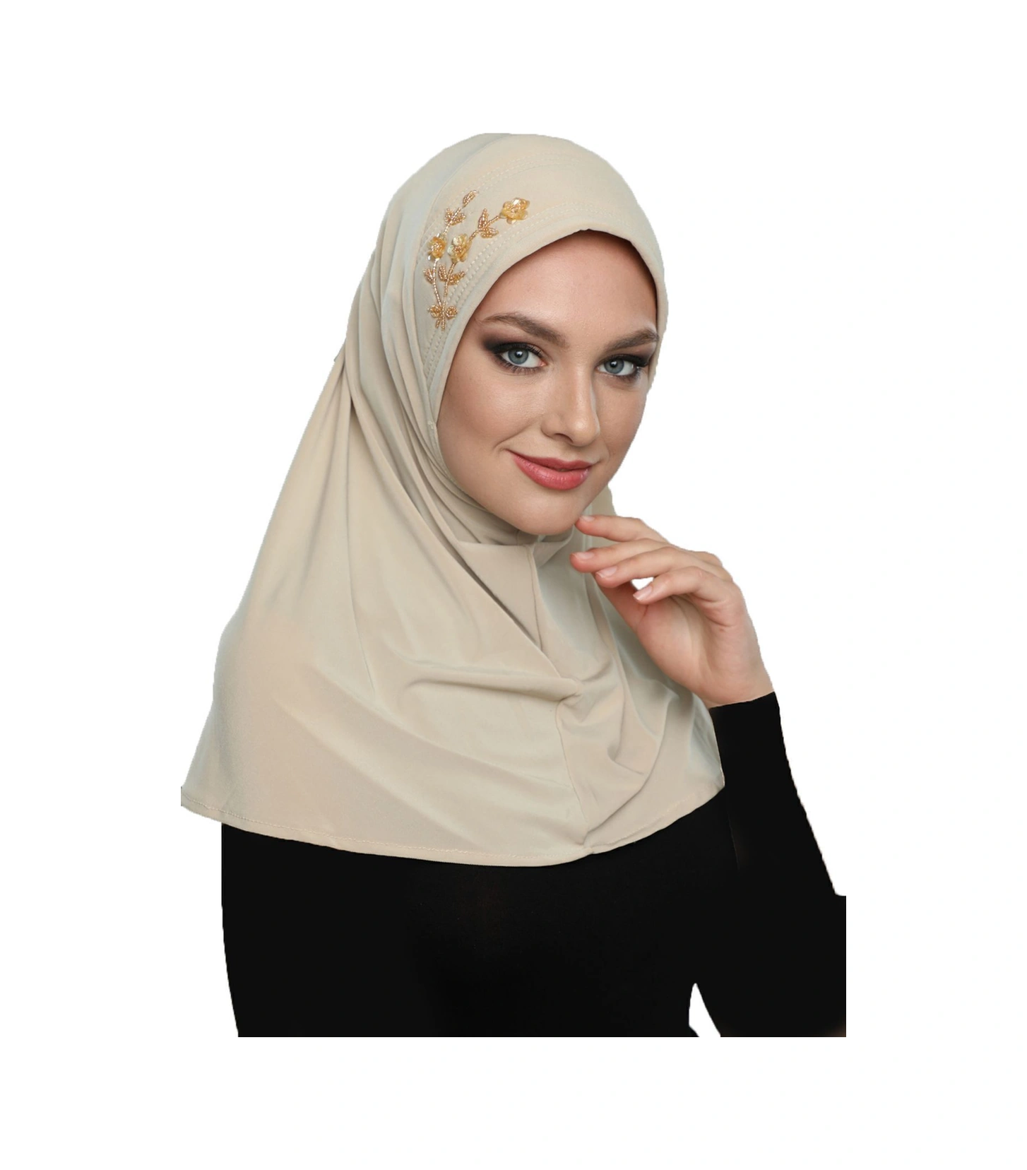 Takmatik Taşlı El Işi Boncuk Işlemeli Bej Hazır Türban Tesettür Bone Namaz Örtüsü Bej