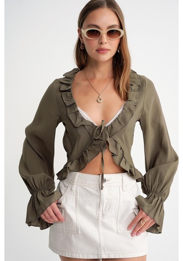 4712 Kadın Volanlı Modal Bolero Bluz Haki Haki
