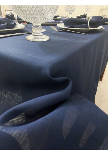 Keten Görünümlü Begonvil Masa Örtüsü Lacivert 25 Parça Set