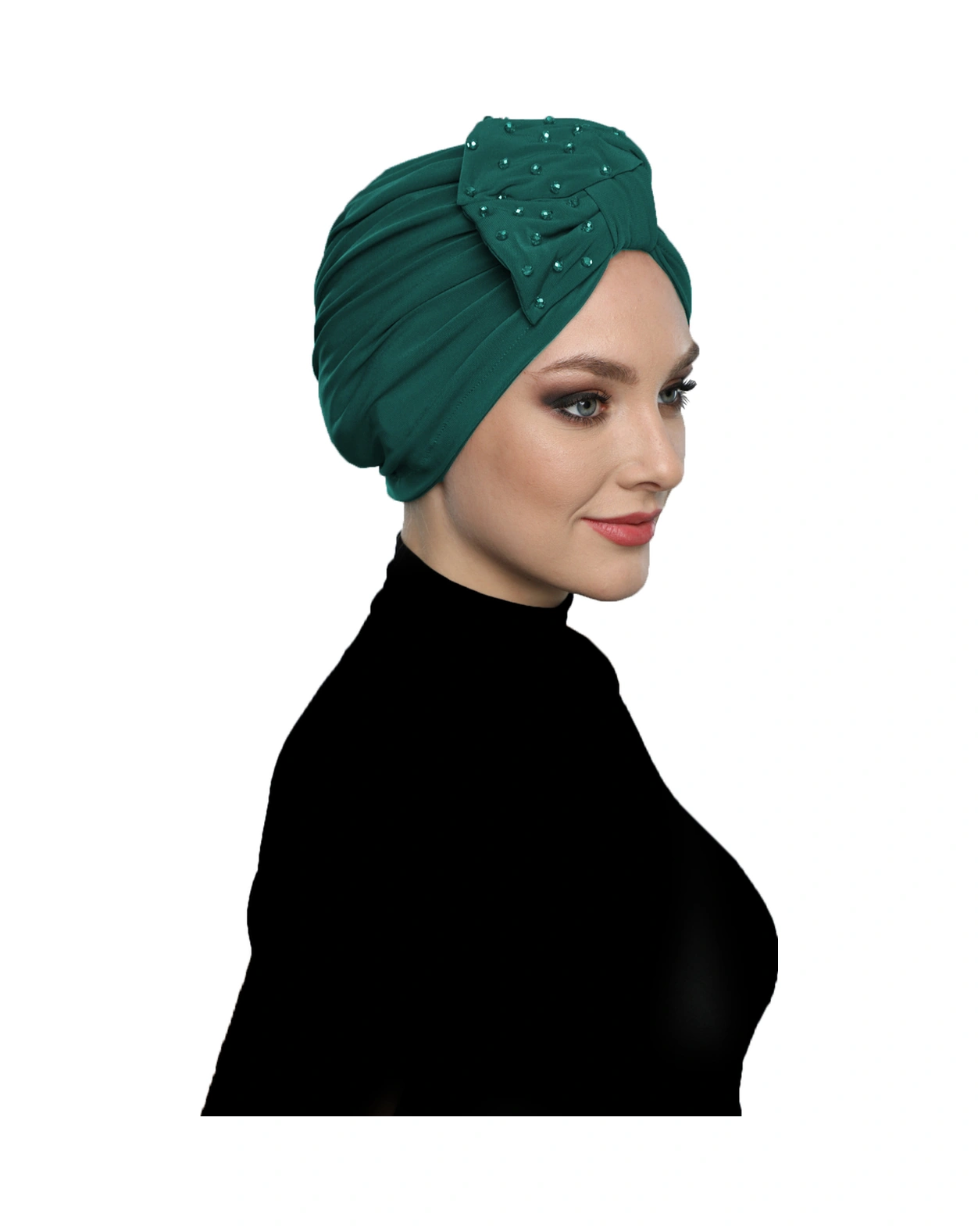 Kristal Yelpaze Taş Işlemeli Çift Taraflı Astarlı Yeşil Hazır Türban Tesettür Abiye Bone Yeşil
