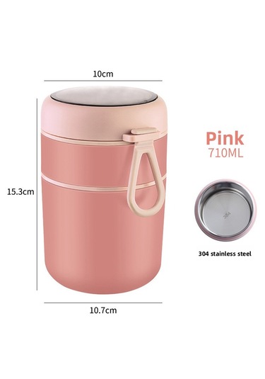 Dekorasyaa 2 Katlı Lunch Box - Pembe - Paslanmaz Çelik - Kaşıklı - Yemek Taşıma Kabı - 710ml Pembe
