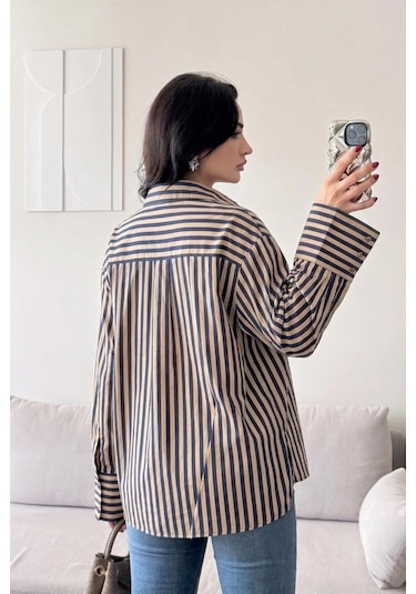 Lijuri Çizgili Oversize Basic Gömlek 3504 Bej