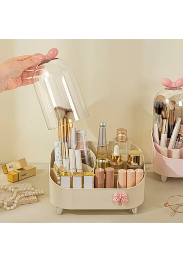 Kapaklı Makyaj Organizeri Toz Korumalı Kozmetik Ve Fırça Düzenleyici Bej