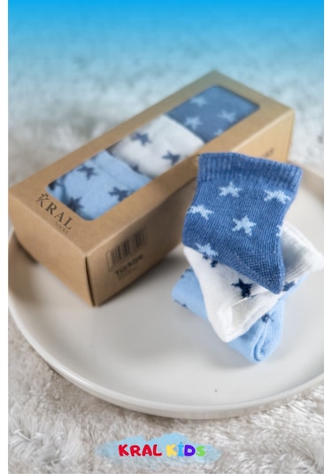 6 Çift Erkek Bebek Çorap Kutulu Patik Boy Yıldız Desenli, Pamuklu Beyaz