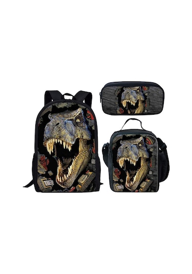Xindoker Jurassic World Dino Mutfak Çantası + Okul Çanta + Kalem Kutusu 3'lü Set - Öğrenci Çantaları Ve Okul Malzemeleri Siyah