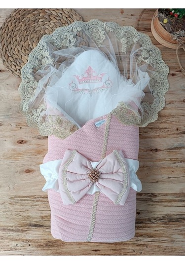 Pembe Triko Örgü Kız Bebek Batttaniyesi Kundağı Kalın Dantelli Yenidoğan Hastane Çıkışı Hediyelik Somon