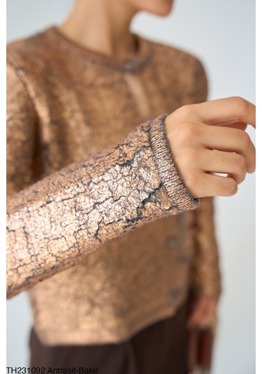 Yeni Sezon Antrasit Bakır Renk Varak Baskılı Hırka Antrasit Bakır