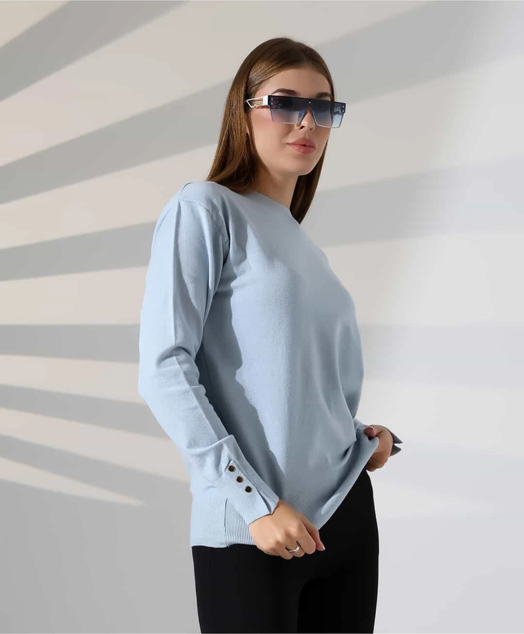 Gündelik Şıklık Kol Düğme Detay Triko Kazak Mavi