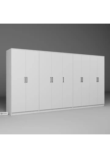 Kardelen Serisi 340 Cm Mat Beyaz 9 Kapılı 14 Raflı Elbise Dolabı - Gardırop Seti Beyaz
