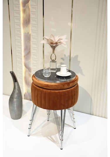 Bianco Metal Ayaklı Puflu Zigon Sehpa Krom Turuncu Chrome Orange