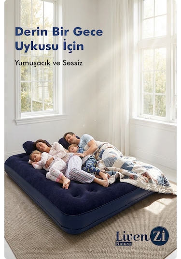 Livenzi Nature Çift Kişilik Şişme Yatak & Yastık + Manuel Şişirme Pompası 203 X 183 X 22 Cm Lacivert