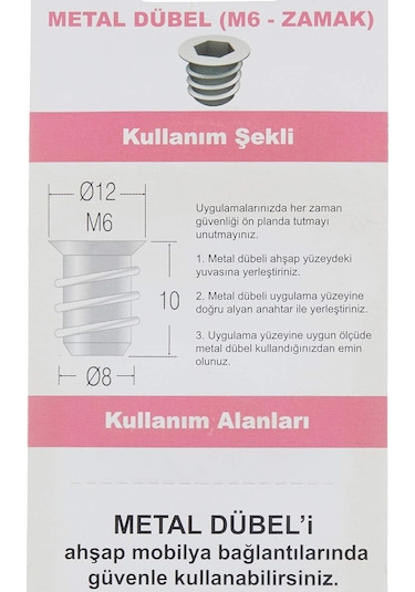 Metal Dübel Mobilya Bağlantı Zamak Vida Yuvası M10 10x25 10 Adet