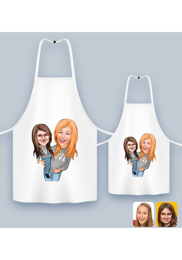 Bk Gift Kişiye Özel İkili Anne Kız Karikatürlü Mutfak Önlüğü Seti-6, Anneye , Anneler Günü leri