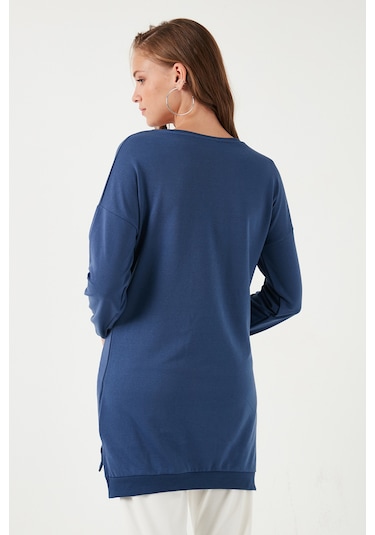 Lela Modest Pamuklu Bisiklet Yaka Oversize Fit Bayan Tunik 5864896 Indigo