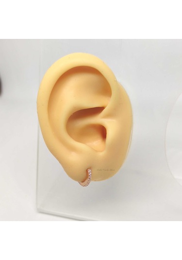 8 Mm Taşlı Halka Gümüş Küpe Tek - Rose Bakır Beyaz