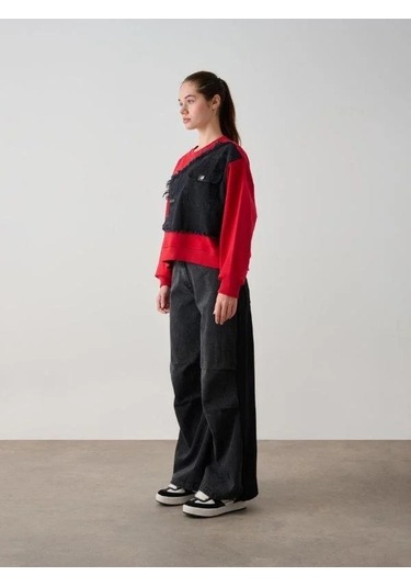 Kız Çocuk Mevsimlik Önü Denim Garni Cepli 3 İplik Sweatshirt-14773 Kırmızı