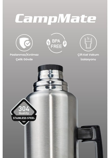 Cooker Ckr2084 Campmate 1.5 L Paslanmaz Çelik Termos Çift Kat Vakumlu, Sızdırmaz Kapaklı, 24 Saat Sıcak 48 Saat Soğuk Kamp, Outdoor, Piknik, Ofis, Otel, Kafe, Okul, Seyahat Gümüş Gümüş