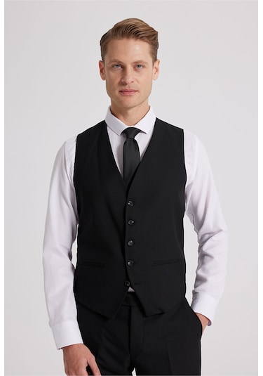 Ds Damat Slim Fit Siyah Mono Yaka Tek Yırtmaçlı Astarlı Takim Elbise Yelekli 4HFY5ORT01599 Siyah