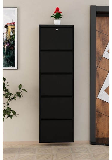 Kilitli 5 Kapaklı Metal Ayakkabılık Siyah Siyah