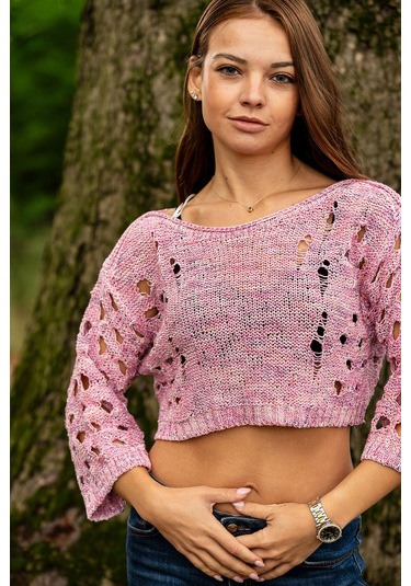 Verdeblanco Yırtık Detaylı Örme Crop Top Toz Pembe
