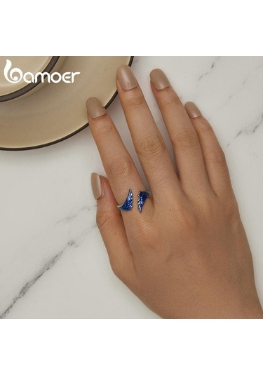 Bamoer 925 Ayar Gümüş Mavi Emaye Tüy Açılış Halkası Guardian Kanat Ayarlanabilir Yüzük Kadınlar İçin Güzel Takı