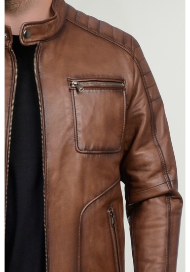 Derije Albert Hakiki Deri Erkek Taba Ceket-mont Taba