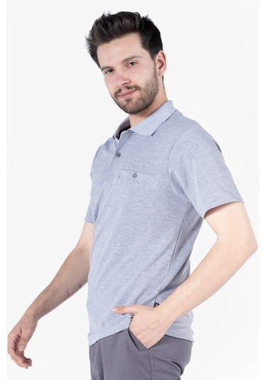 Polo Yaka Fleto Cepli T-shirt Gri Melanj