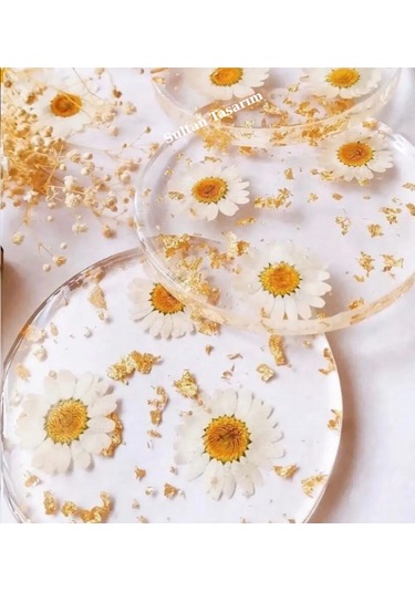 4 Lü Papatyalı Epoksi Bardak Altlığı - 119 Şeffaf