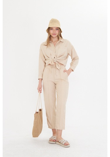 Bej Kadın Keten Gömlek Ve Pantolon Alt Üst Takım Bej