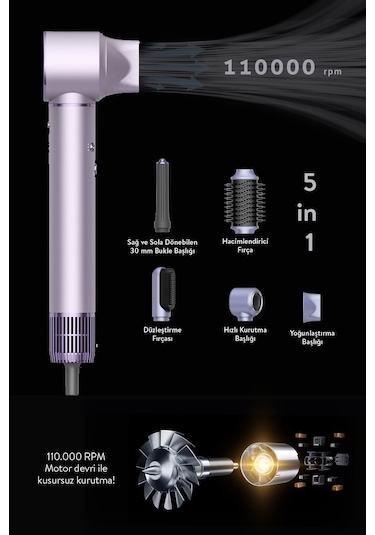 Sinbo SHD-1719 Pro Airwrap Compact Uzun Multi-styler Hava Üfleme 5in1 Saç Şekillendirici Bldc Motor Mor