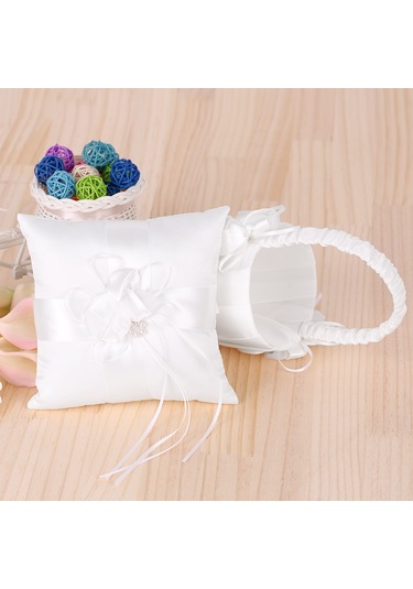 Yifomall Düğün İçin 2'li Set: Beyaz Çiçek Sepeti Ve 20x20cm Yüzük Yastığı - Mor Kurdele İle Dekore, Zarif Ve Pratik Diğer