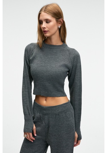 Grımelange Marıposa Kadın Yuvarlak Yaka Çizgi Desenli Crop Geniş Paça Triko Antrasit Alt-üst Takım Antrasit