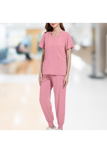 Dolıty Kadın Fırçalama Üniforma Seti Hemşire İş S-pembe