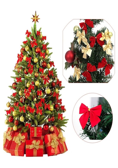 12 Adet Kırmızı Yılbaşı Çam Ağaçı Fiyonk Kurdele Yeni Yıl Noel