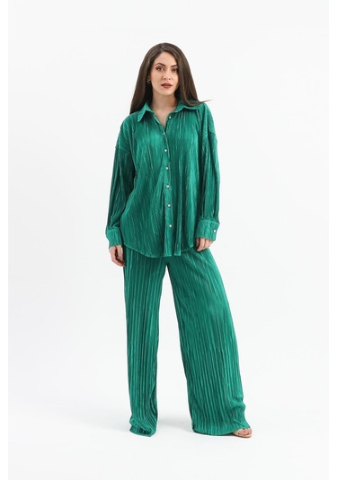 Düğme Detaylı Örme Pilise Takım - Yeşil-yeşil Yeşil